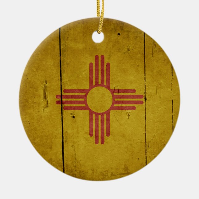 Rugged Wood New Mexico Flag Ceramic Tree Decoration (Front)
