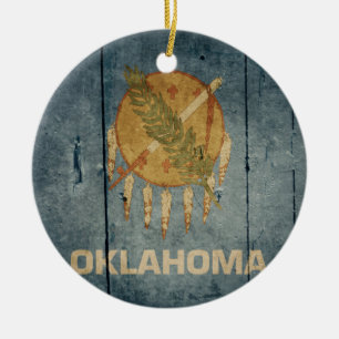 Rugged Wood Oklahoma Flag Ceramic Tree Decoration