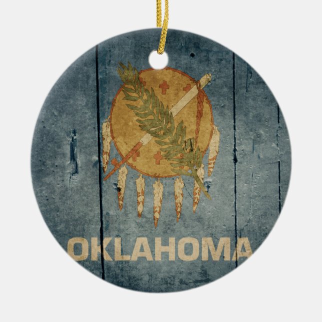 Rugged Wood Oklahoma Flag Ceramic Tree Decoration (Front)