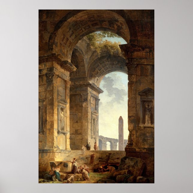 Ruins With An Obelisk by Robert Hubert Poster (Front)