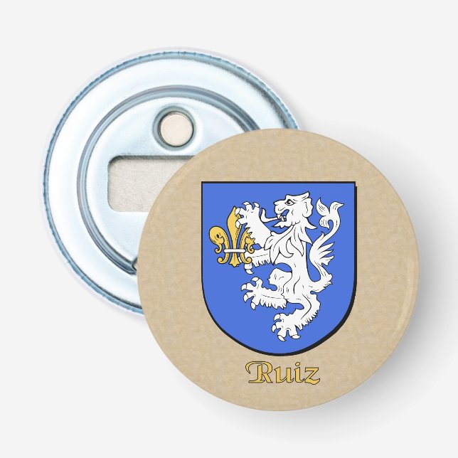 Ruiz Heraldic Arms on Parchment Style Back Bottle Opener (Front)