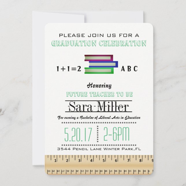 Ruler & Books Teacher Graduation Invitation (Front)