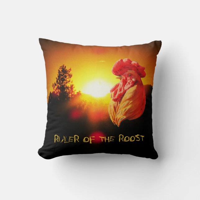 Ruler of the Roost. Rooster Sunrise Cushion (Front)