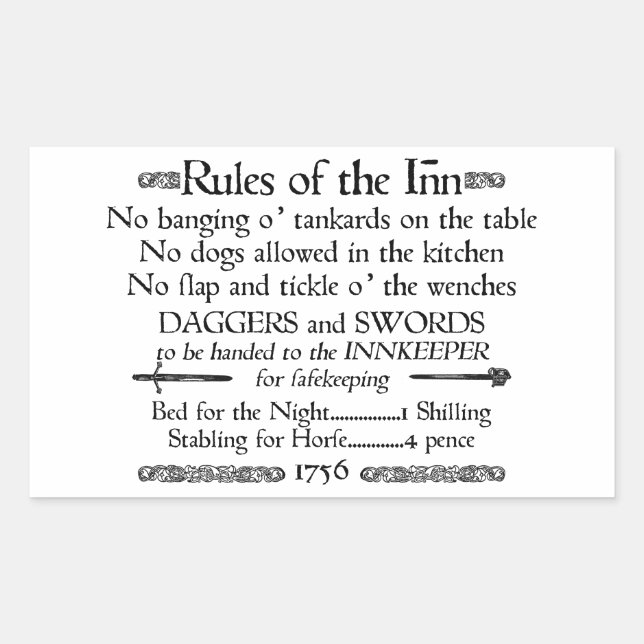Rules of the Inn, 18th Century Innkeeper Sign Rectangular Sticker (Front)