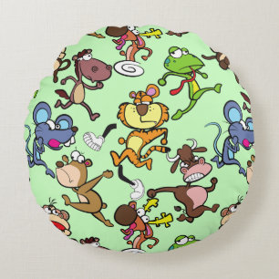Run 2023, Cute Cartoons running around L Green BG Round Cushion