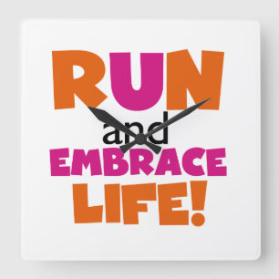 Run and Embrace Life Orange Pink Square Wall Clock