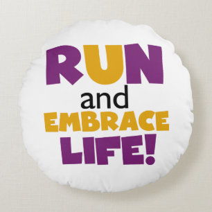 Run Embrace Life Purple Yellow Round Cushion