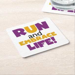 Run Embrace Life Purple Yellow Square Paper Coaster