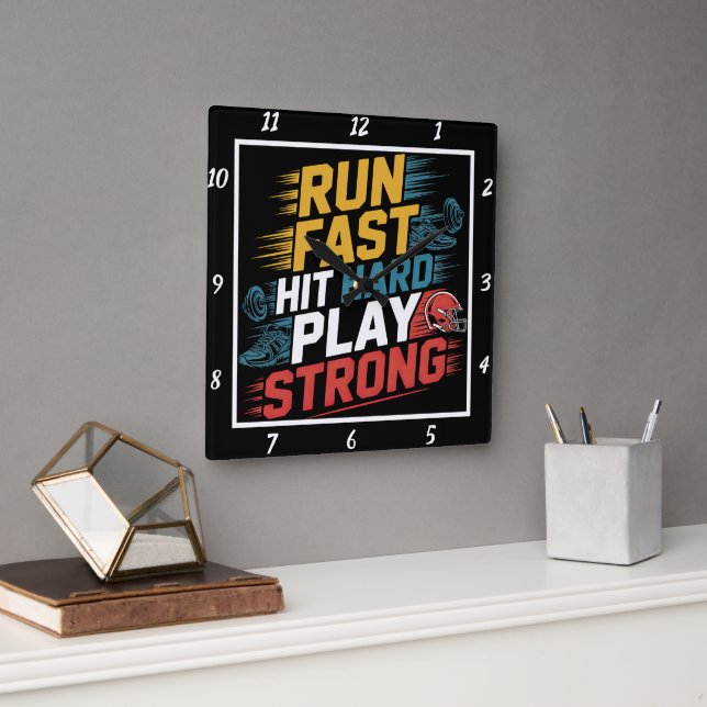 Run Fast Hit Hard Play Square Wall Clock (Office)