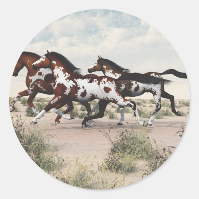 Run Like the Wind - Galloping Paint Horses Classic Round Sticker (Front)