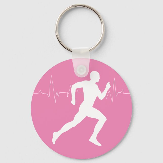 Runner Silhouette With Heart Beat Line Pink  Key Ring (Front)