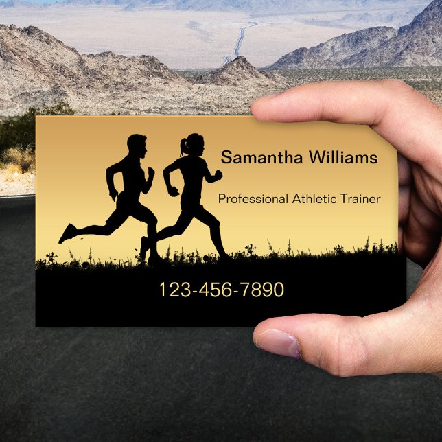 Running Athletics Sports Coach Business Card (Elegant sports or fitness coach business card featuring a silhouette of two people running )