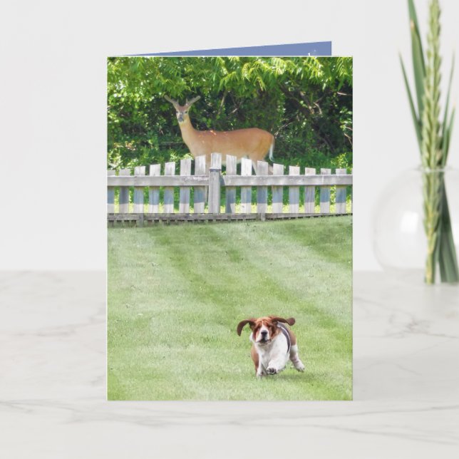 Running Basset & Deer On Cute Birthday Card (Front)