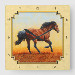 Running Bay Horse Yellow Square Wall Clock