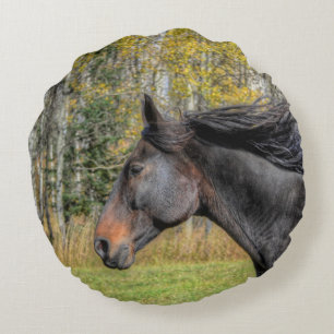 Running Black Percheron HDR Horse Equine Photo Round Cushion