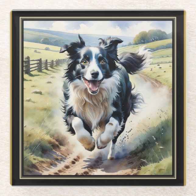 Running Border Collie Glass Coaster (Front)