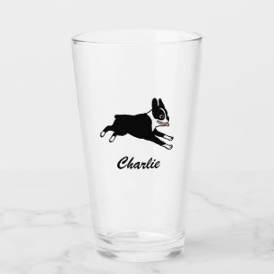 Running Boston Terrier Cartoon Dog Personalised Glass
