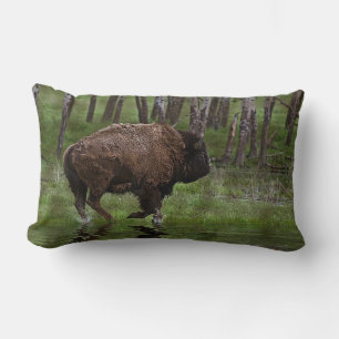 Running Buffalo & Forest, Bison-lover's Design Lumbar Cushion