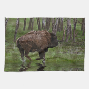 Running Buffalo & Forest, Bison-lover's Design Tea Towel