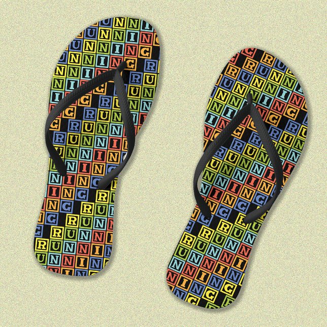 Running colourful lettering pattern jandals (Showing narrow black straps)