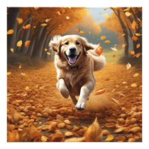 Running Dog in Autumn Leaves Art Print, Nature Art