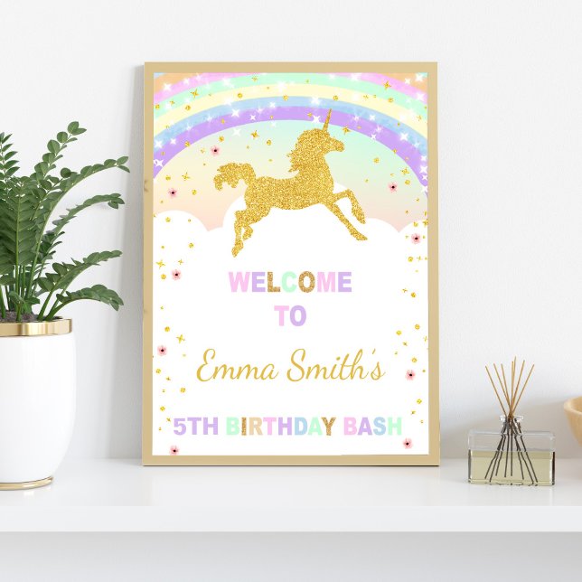 Running Gold Unicorn Birthday Party Welcome Sign (Running Gold Unicorn Welcome Signs)