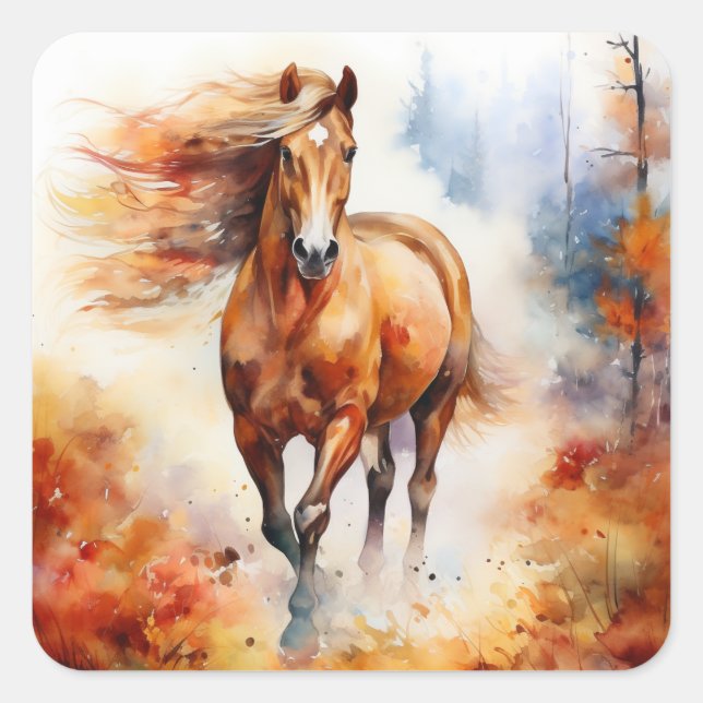 Running Horse in Autumn Square Sticker (Front)