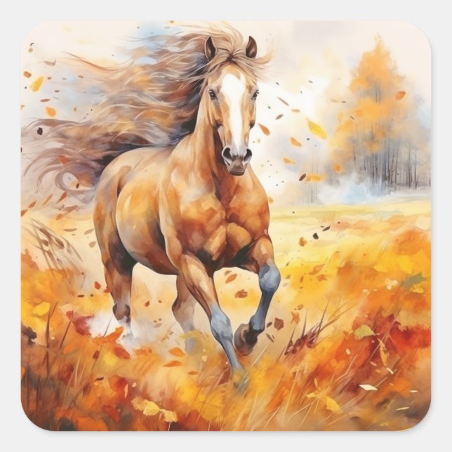 Running Horse in Autumn Square Sticker (Front)