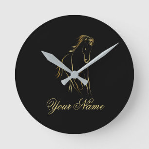 Running horse in gold colour round clock