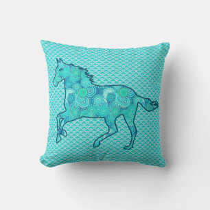 Running Horse Silhouette, Turquoise and Aqua Cushion