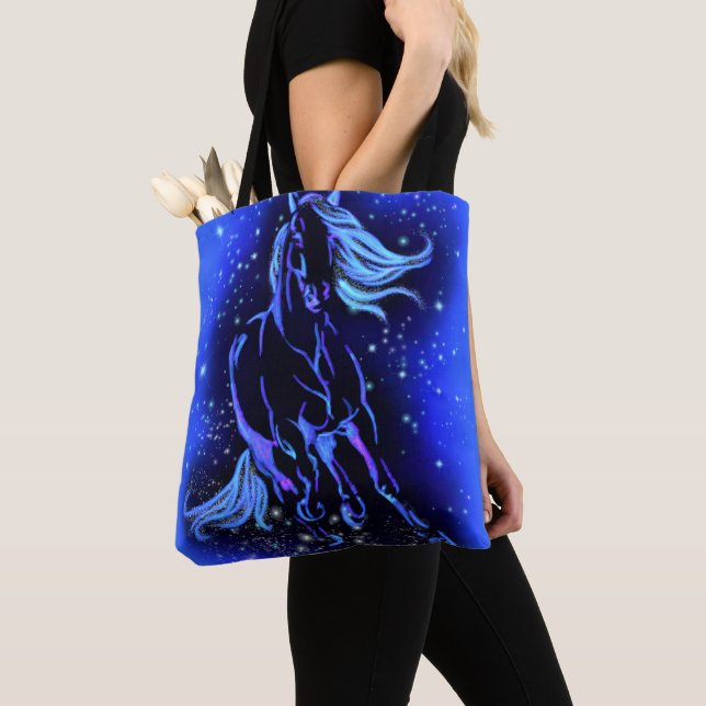 Running Horse Tote Bag Blue Moonlight Night (Close Up)