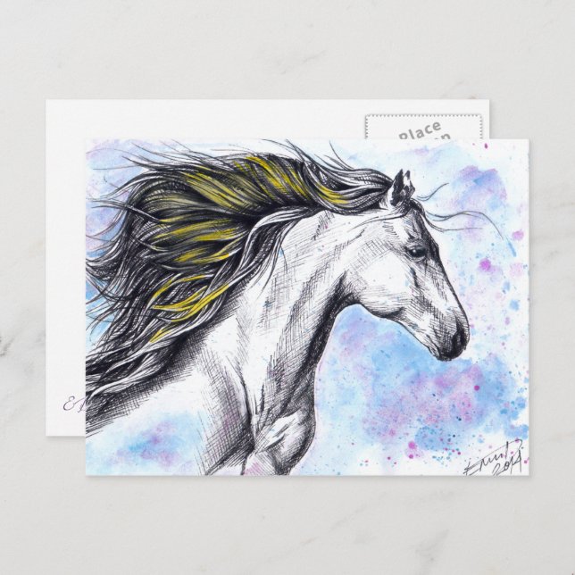 Running horse Watercolor and Ink Equine art Postcard (Front/Back)