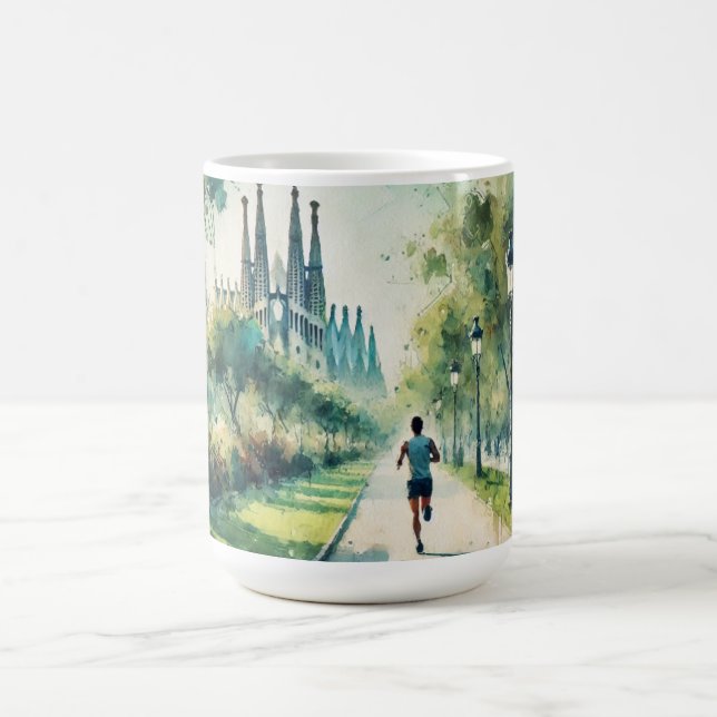 Running in Barcelona Spain Watercolor Painting Coffee Mug (Center)