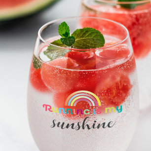 Running Is My Sunshine Colourful Rainbow Graphic Stemless Wine Glass
