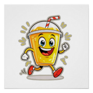 **Running Juice Cup Cartoon – Fun Street Drink Cha Poster