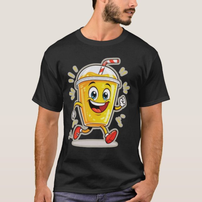 **Running Juice Cup Cartoon – Fun Street Drink Cha T-Shirt (Front)