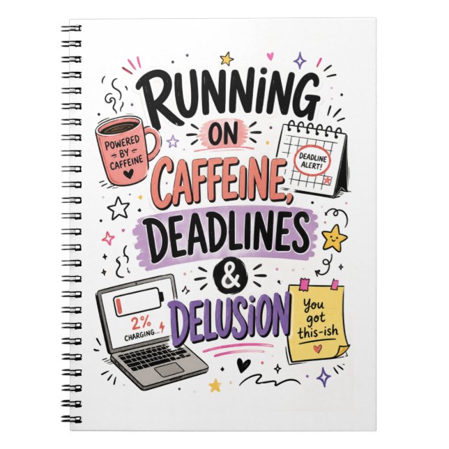 Running on Caffeine, Deadlines & Delusion notebook (Front)