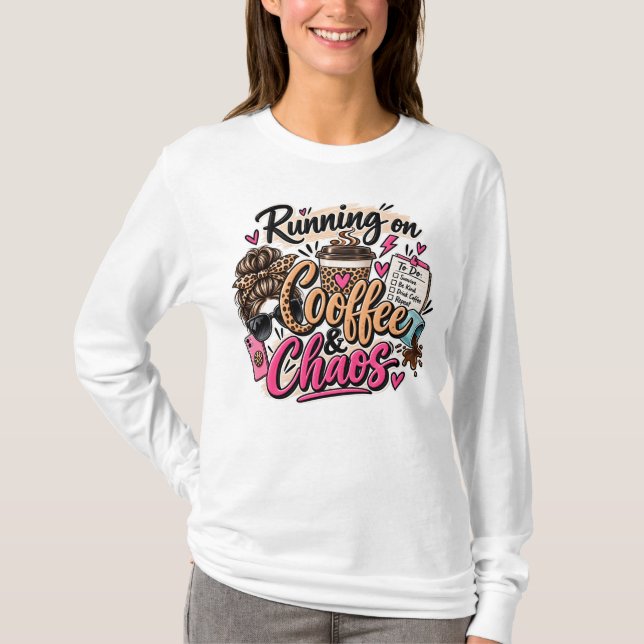 Running on Coffee & Chaos Leopard Messy Bun T-Shirt (Front)