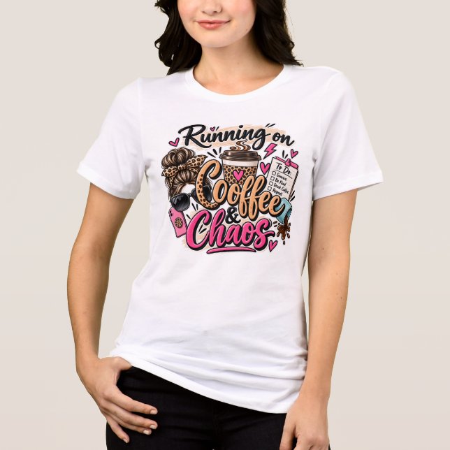 Running on Coffee & Chaos Leopard Messy Bun Tri-Blend Shirt (Front)