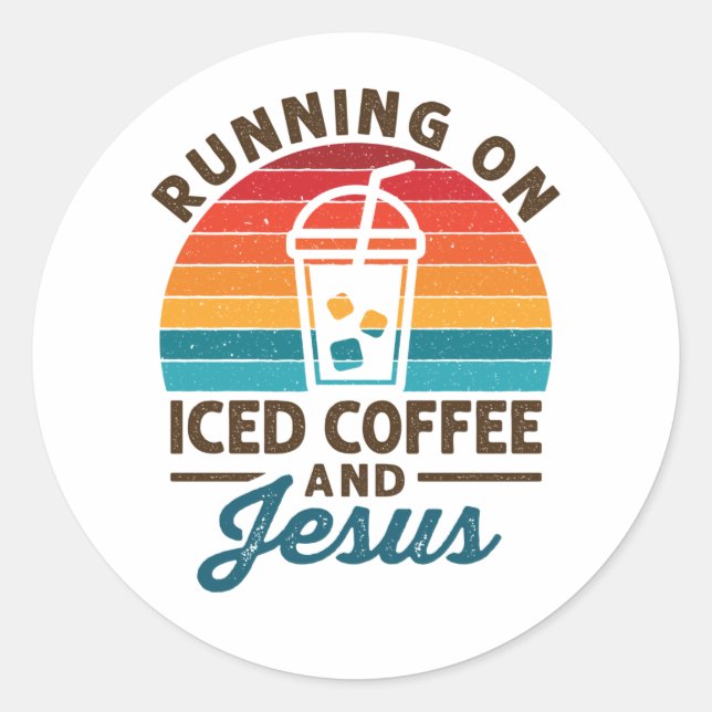 Running on Iced Coffee and Jesus Retro Classic Round Sticker (Front)