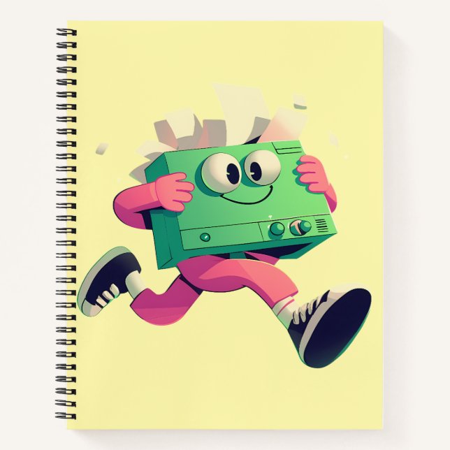 Running Printer with Flying Papers – Tech Humor Notebook (Front)