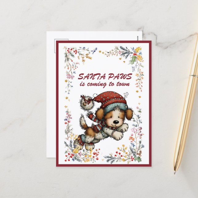Running Puppy Dog SANTA  PAWS is Coming to Town Holiday Postcard (Front/Back In Situ)