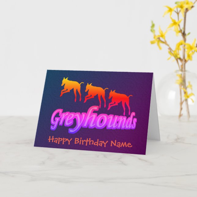 Running Rainbow Greyhounds Personalised Birthday  Card (Yellow Flower)