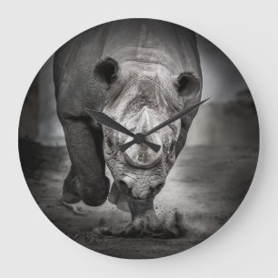 Running Rhinoceros: Wild Animal Portrait. Large Clock