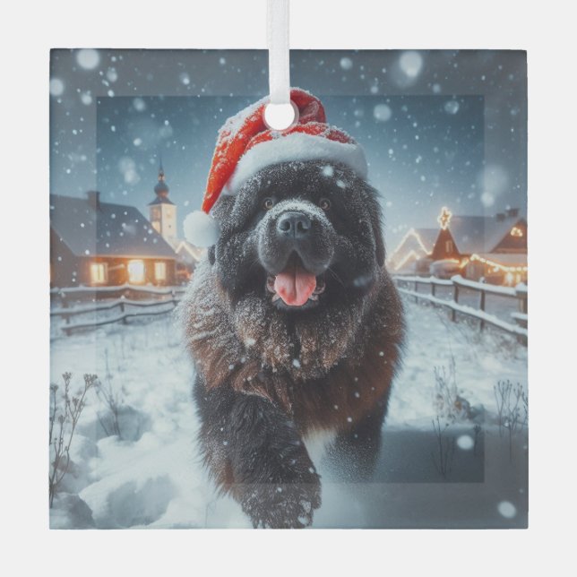 Running Santa Newfie  Glass Tree Decoration (Front)