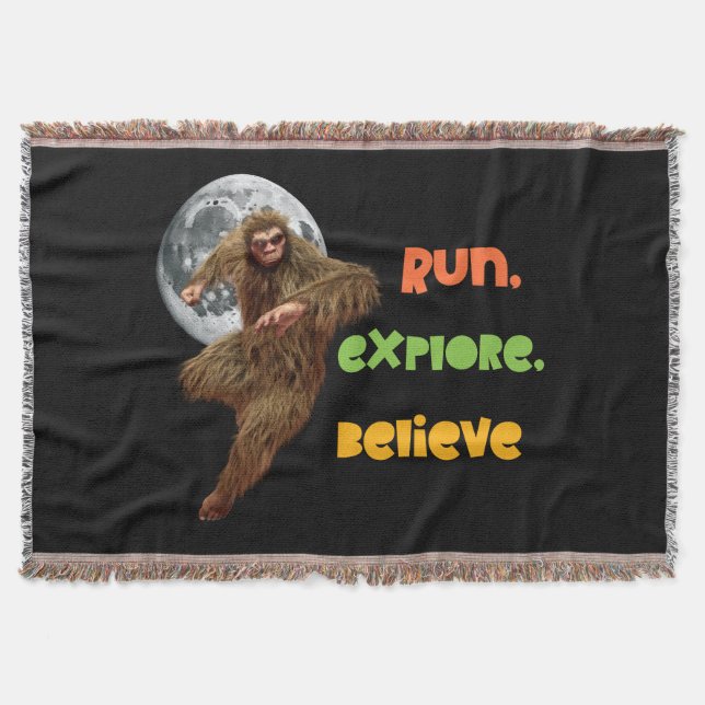Running Sasquatch Adventure Believe Design Throw Blanket (Front)