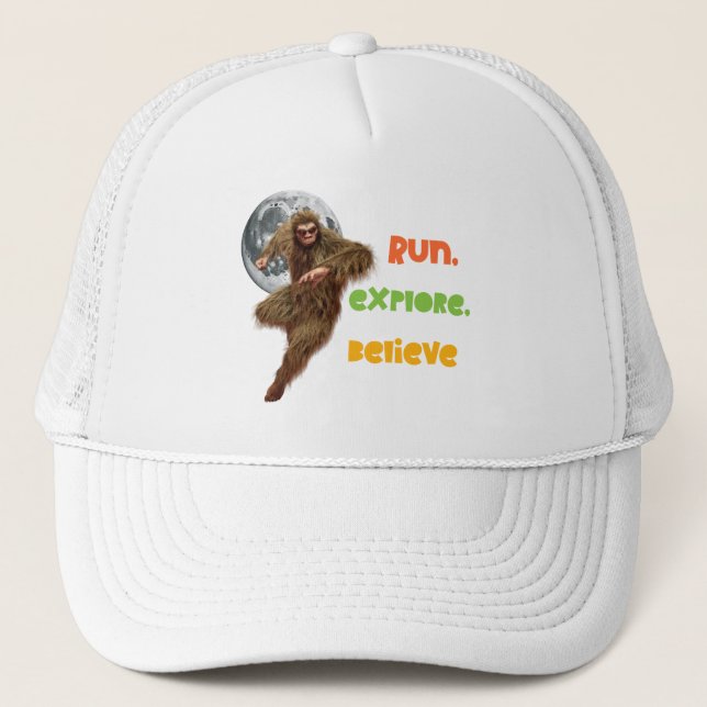 Running Sasquatch Adventure Believe Design Trucker Hat (Front)