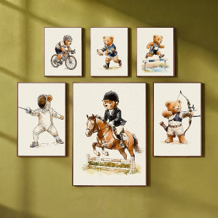 Running Teddy Bear Hurdler Animal Sports Nursery Poster