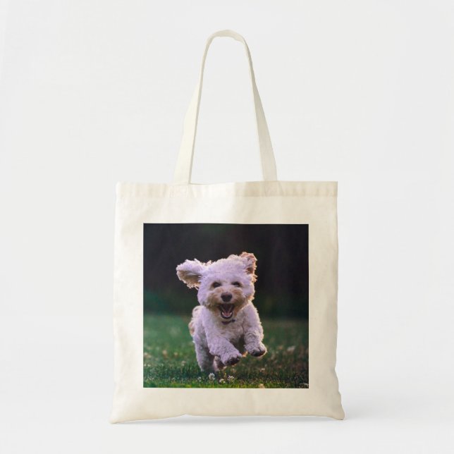 Running White Poodle Cute Dog Tote Bag (Front)