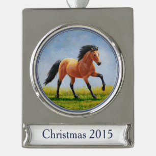Running Wild Buckskin Horse Silver Plated Banner Ornament